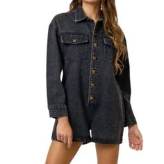 Thanks For Checking Out Our Fabulous Posh Closet!! All Of Our Items Are New With Tags! Never Worn Or Used <3 - Composition: 100% Polyester. - Description: The Perfect Outfit Choice When You You Need Something Quick To Throw On And Still Want To Look Efforlessly Cool. Crafted From High-Quality Polyester. Black Denim Washed Romper. Lightweight, Comfortable Feel. Designed With Long Sleeves And A Chic Button-Up Front. Featuring Convenient Pockets. True To Size And Versatile In Style. - We Ship From Casual Cotton Jumpsuits And Rompers For Night Out, Black Denim Jumpsuit With Button Closure, Black Long Sleeve Jumpsuit With Button Closure, Black Denim Jumpsuit For Night Out In Spring, Black Denim Jumpsuit For Night Out, Tropical Romper, Tube Jumpsuit, Wrap Romper, Strapless Romper