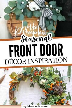 the front door is decorated with wreaths and greenery for an elegant fall decor