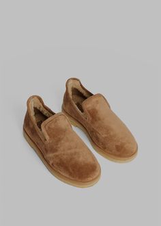 Color: Tobacco Brown  Soft Suede Slip-on Style Rounded toe Contrasting Sole  Warm Lining  Shearling Lining 100% Cow Suede  By Malene Birger. Made in Italy Athleisure Essentials, Eyewear Shop, Suede Slippers, Suede Fashion, Paris Woman, Office Look, Suit Trousers, Athleisure Wear, Malene Birger