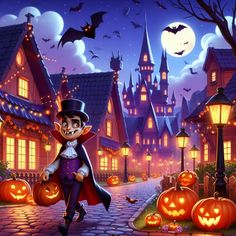 a halloween scene with pumpkins and jack - o'- lanterns in the street