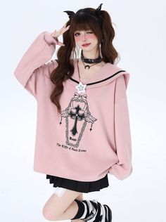 ❤︎Star Sweetger Sailor Long Mine Tops❤︎ Kawaii Sweater, Steampunk Fashion Male, Gothic Skirts, Summer Sweatshirt, Ruffle Mini Skirt, Sailor Collar, Pink M, College Style, Outfits With Hats