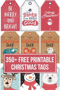 christmas tags with the words, free printable christmas tags and pictures on them in different colors