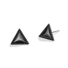 Dark Armor women's pyramid stud earrings, made in silver with black rhodium and black diamonds. Inspired by Darth Vader™, the enforcer of the Galactic Empire. Allow yourself to be seduced by the dark side, with the sleek black diamond framed triangle stud earrings. Designed to evoke Lord Vader's powerful armor. Dark Jewelry, Black Diamond Earrings, Triangle Earrings Stud, Diamond Frame, Triangle Studs, Galactic Empire, Black Diamonds, Infiniti Logo, Black Rhodium