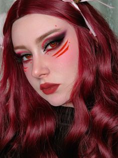 Red And Black Pirate Makeup, Red Warrior Makeup, Kitsune Face Paint, Red Fantasy Makeup, Red Face Paint Ideas, Red Fairy Makeup, Lava Mermaid, Red Festival Makeup, Anime Makeup Kawaii