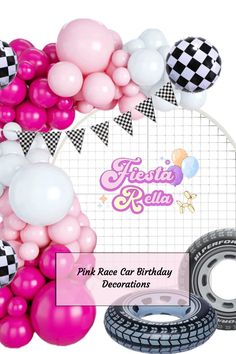 pink race car birthday decorations and balloons