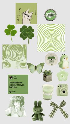 a collage of green and white items