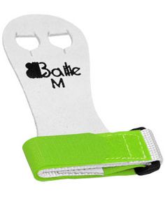 the bottle opener is green and white with black lettering on it's front side