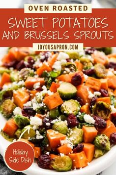 sweet potatoes and brussel sprouts in a white bowl with text overlay