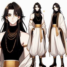 an anime character with long black hair and gold necklaces, in white dress standing next to another character