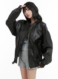 Oversized Faux Leather Bomber Jacket (UNISEX) CG420 - Acubi style | LEWKIN Oversized Leather Jacket For Streetwear, Casual Oversized Black Leather Jacket, Oversized Cropped Leather Jacket, Baggy Black Leather Jacket, Oversized Urban Leather Outerwear, Leather Jacket Street Style, Style Korea, Festival Trends, Oversized Jacket