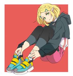 an anime character with blonde hair and green eyes is tying up her shoelaces