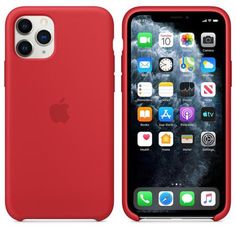 an iphone case is shown with the front and back sides facing each other in red