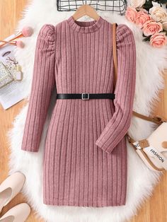 Girls Fashion Spring & Autumn Dress, Girls' Solid Half Turtleneck Puff Sleeve Soft Knit Dress With Waistbelt, Girls Outdoor Party Elegant Streetwear, Girls Casual Breathable Comfortable Teen Apparel Dusty Pink Elegant  Long Sleeve Rib knit Plain Bodycon Slight Stretch  Tween Girls Clothing, size features are:Bust: ,Length: ,Sleeve Length: Girls Spring Fashion, Autumn Dress, One Piece Outfit, Round Neck Dresses, Cosplay Dress, Ribbed Dresses, 가을 패션, Inspiration Mode, Knit Fashion