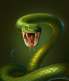 a green snake with its mouth open and it's tongue out