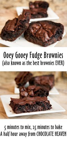 three different chocolate fudge brownies stacked on top of each other with the words, gooey gooey fudge brownies also known as the best brownies ever