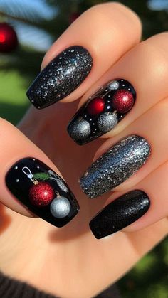 Embrace the holiday magic with stunning Black Christmas Nails! 🎄✨ This collection showcases a mix of white, gold, red, silver, and green designs, perfect for a festive vibe. Whether you prefer simple and chic or classy and cute, there's a style to match your holiday mood. From elegant gothic accents to playful French tips, these nails will add a sparkle to your Christmas! 🎅💅 #FestiveChallenge