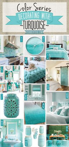 a collage of turquoise and white bedroom decor with text that reads color series decor with turquoise