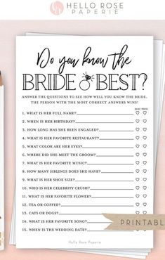 the printable bridal game is shown next to it's envelope and pen