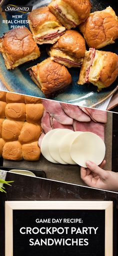 there are many different types of sandwiches on the plate and in front of them is a sign that says game day recipe crockpot party sandwiches