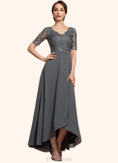 Gwen A-Line V-neck Asymmetrical Chiffon Lace Mother of the Bride Dress – Ellepoques Brides Mother Dress, Asymmetrical Chiffon Dress, Bride Silhouette, Bride Dress Lace, Lace Bride, Mother Of Groom Dresses, Groom Dresses, Lace Homecoming Dresses, Mothers Dresses