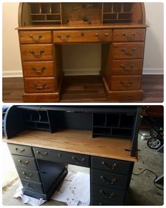 an old desk has been refinished and is now painted black with gold hardware