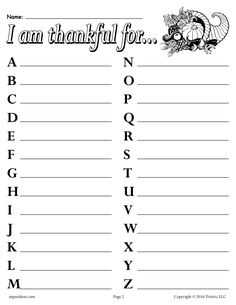 a printable thanksgiving alphabet for kids to practice their handwriting and spelling with the letters i am