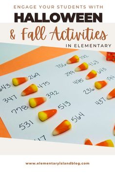 an orange and yellow table with candy corn on it that says engage your students with halloween & fall activities in elementary