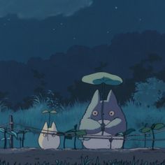 an animated scene with two cats holding umbrellas in front of the moon and grass