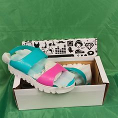 These Are Bamboo Womens Kindie Jelly Sandals With A Chunky White Sole. They Are Multi Colored With A Turquoise Ankle Strap And A Hot Pink Toe Strap. They Haven't Been Worn And Come With Their Original Packaging, Which Also Come From A Smoke - And Pet-Free Home Size 6 Us & 37 Eur Cheap Casual Multicolor Jelly Sandals, Cheap Jelly Sandals For Summer, Cheap Jelly Sandals For Spring, Hot Pink Toes, Lace Up Gladiator Sandals, Jelly Flats, Pink Toes, Crystal Sandals, Black Strappy Sandals