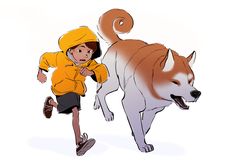 a young boy running next to a large dog