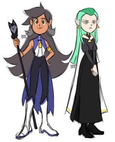 two cartoon characters, one with green hair and the other with blue hair wearing black