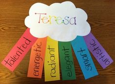 a paper cloud with the word teresa written on it and colored strips attached to it