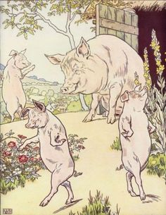 the three pigs are playing in the yard