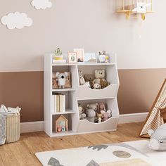 a child's room with teddy bears and bookshelves on the wall,