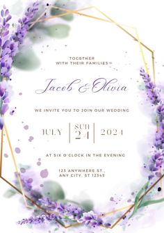 an elegant wedding card with purple flowers and gold geometric frame on the front, in watercolor