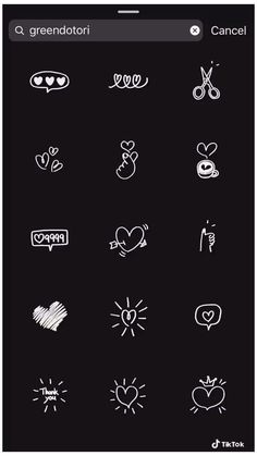 the icons are drawn in white ink on a black background, including hearts and other symbols