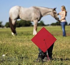 a person standing next to a horse in a field with a red square on the ground