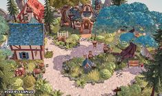 an artist's rendering of a small village in the woods