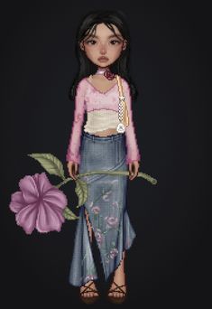 a digital painting of a girl holding a flower in her hand and wearing a pink shirt