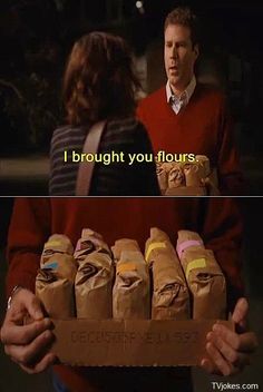 a man holding a box full of wrapped packages with the words, i brought you flours