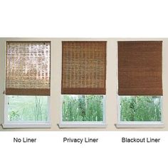 three window shades with bamboo blinds in a living room, one is brown and the other has white trim