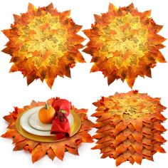 four autumn leaves arranged in the shape of sunflowers and pumpkins on a plate