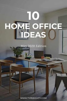 a desk with chairs and a laptop on it in front of a window that says 10 home office ideas