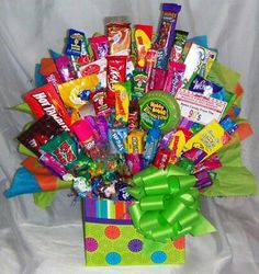 a colorful candy bouquet in a gift box