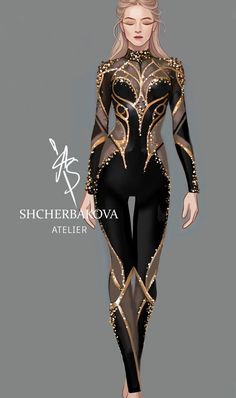 a woman in black and gold body suit