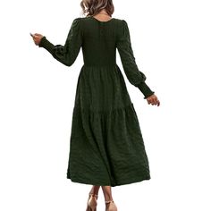 Army Green Puff Sleeve Pleated Swing Long Dress Fall Casual Puff Sleeve Dress, Fall Puff Sleeve Dress In Solid Color, Solid Color Lantern Sleeve Midi Dress For Fall, Solid Lantern Sleeve Midi Dress For Fall, Fall Solid Color Puff Sleeve Dress, Solid Color Midi Dress With Lantern Sleeves For Fall, Casual Long Sleeve Puff Sleeve Dress For Fall, Fall Brunch Puff Sleeve Long Sleeve Dress, Fall Brunch Puff Sleeve Long Dress