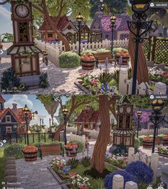 the garden is full of flowers, trees, and houses in this screenshote