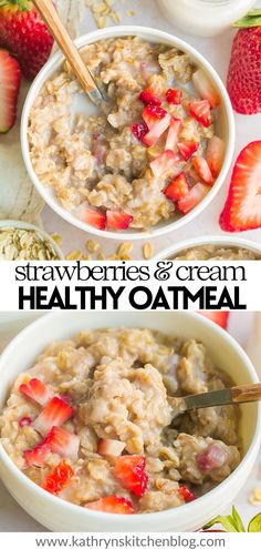 two bowls of oatmeal with strawberries and cream in them, on top of