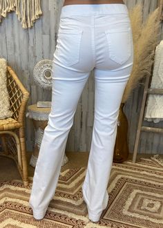 Model is wearing a small and is 5'4. These jeans run true to size. This is the regular length with a 33" inseam. Please see here if you would like the short length > https://froufroufrocksboutique.com/collections/bottoms/products/cel-white-short-mid-rise-flare-jeans White Stretch Denim Bottoms, White Stretch Flare Jeans, Trendy White Stretch Flare Jeans, White Stretch Denim Pants, White Stretch Casual Flare Jeans, Casual White Stretch Flare Jeans, White Stretch Flare Jeans Casual Style, White Stretch Jeans For Spring, Chic White Flare Bottoms