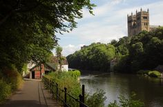 there is a path that leads to the river and buildings on both sides of it